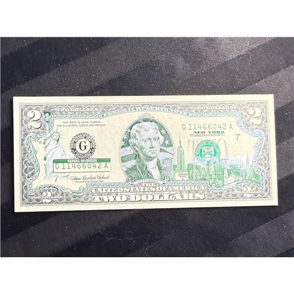 UNCIRCULATED SERIES 2003 $2 BILLS THAT HAVE BEEN COLORIZED WITH NEW YORK-SPECIFIC OVERLAY
