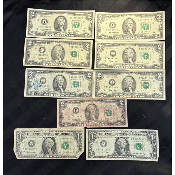 PAPER CURRENCY - $2 FEDERAL RESERVE NOTES, LOT OF 7; AND $1 FEDERAL RESERVE NOTES, LOT OF 2