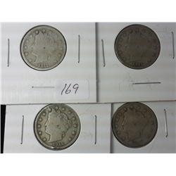 1911, 11, 12 And 12 Liberty "V" Nickels (4 Coins)