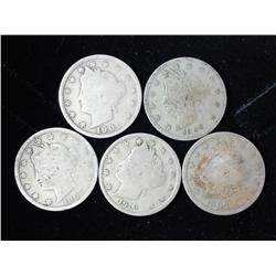 5 Assorted Liberty "V" Nickels