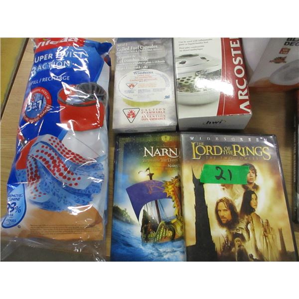 BOX C/W DVD'S, STARFRIT FONDUE BURNER, ETC