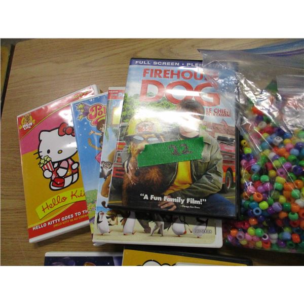 BOX C/W DVD'S, WOOD MODEL PIECES, BEADS, ETC