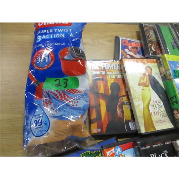 BOX C/W APPROX. 15 DVD'S, SWIFTER PET CLOTHS, SUPER TWIST MOP, ETC