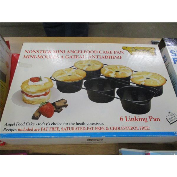 BOX C/W ANGEL FOOD CAKE PAN, DVD'S, SLIDING ROBOT, ETC