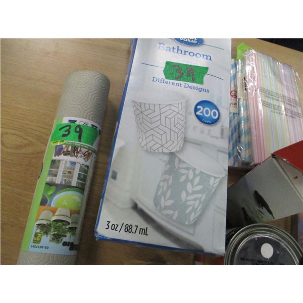 BOX C/W DVD'S, BATHROOM CUPS, SHELF PAPER, ETC