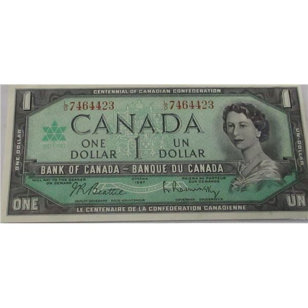 1967 CRISP UNCIRCULATED SERIAL NUMBER LEGAL TENDER CANADA $1 BILL