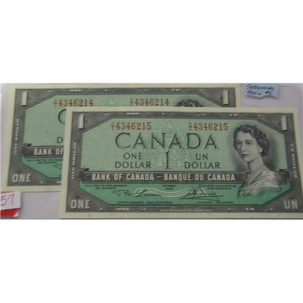 2 - 1954 CRISP UNCIRCULATED SEQUENTIAL SERIAL NUMBER SCARCE CANADA $1 BILL