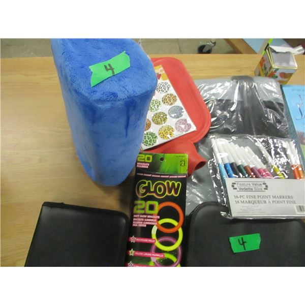 BOX C/W NECK PILLOW, BOOKS, SCOOTER BAG, ETC