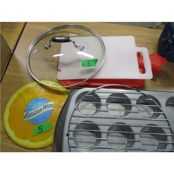 BOX C/W BAKING & COOKING PANS, HOT WATER BOTTLE, ETC
