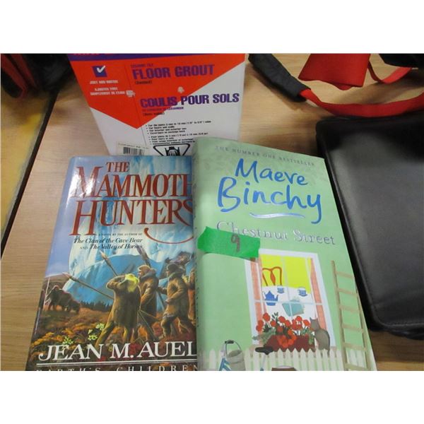 BOX C/W BOOKS, BINDERS, TOTE, GROUT, ETC