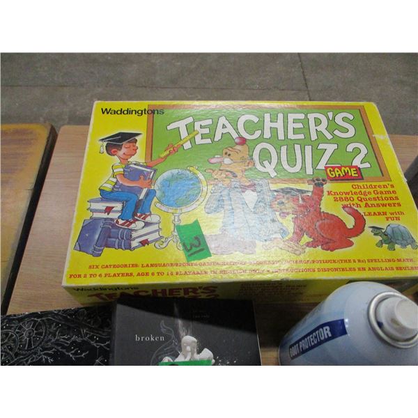 BOX C/W LADIES SHOES, TEACHERS QUIZ GAME, ETC