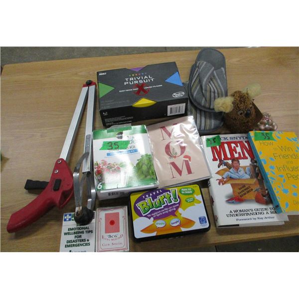 BOX C/W GRABBER, PLAYING CARDS, BOOKS, POD KITS, ETC