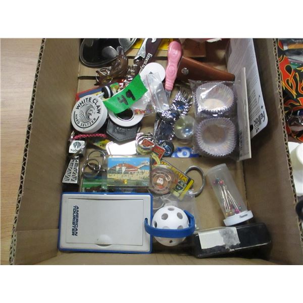BOX C/W CRAFT ITEMS, PINS, KEY CHAINS, ETC