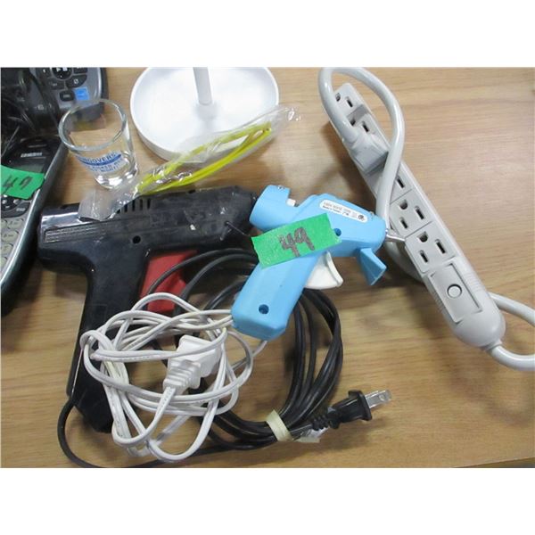 BOX C/W EXTENSION CORD, MAKE-UP MIRROR, TELEPHONE, GLUE GUNS, ETC