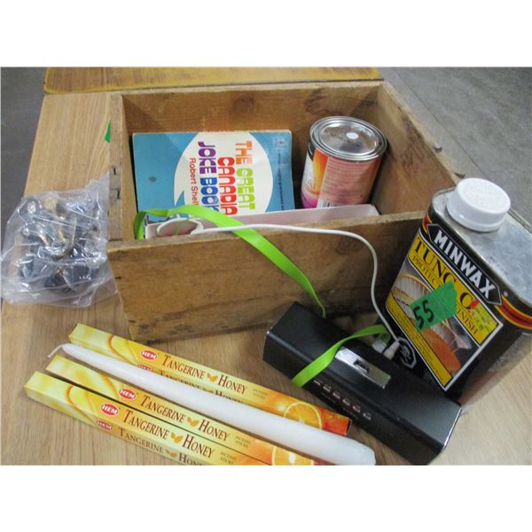 BOX C/W WOOD PRESERVATIVE PAINT, WOODEN BOX, COLLECTOR SPOONS, CANDLES, ETC