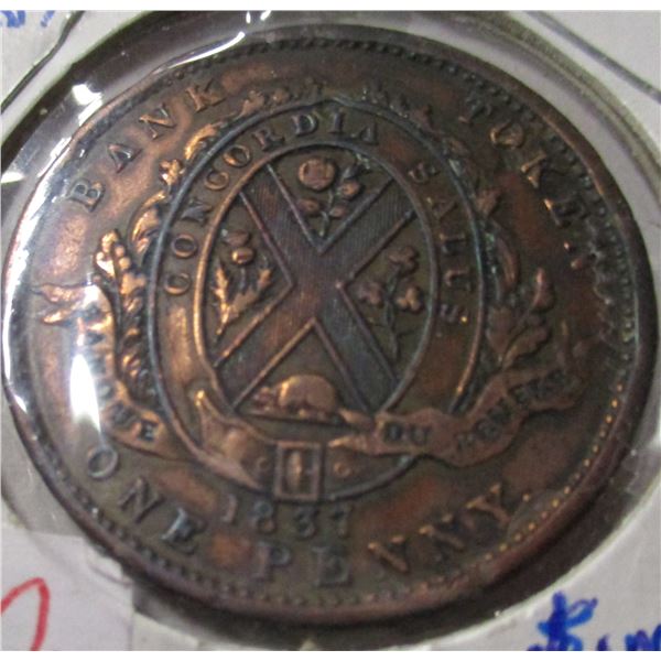 1837 PROVINCE OF CANADA PENNY BANK TOKEN
