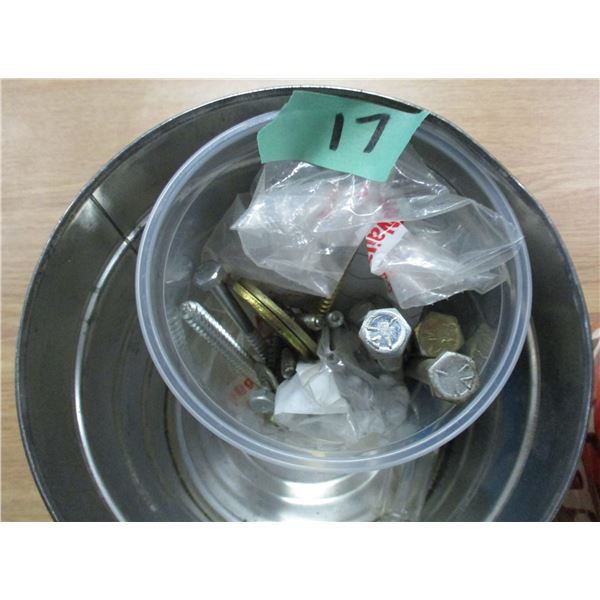 PAIL C/W RING TAIL NAILS & ASSORTED HARDWARE