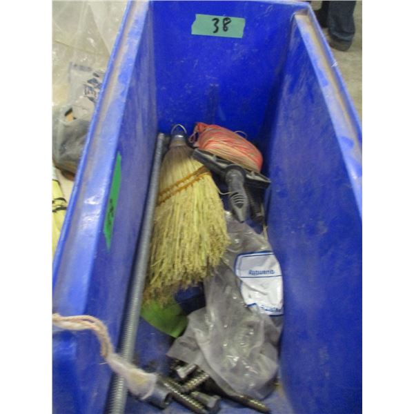 TRAY C/W ASSORTED TOOLS, BROOM, WIRE, HAMMER, ETC