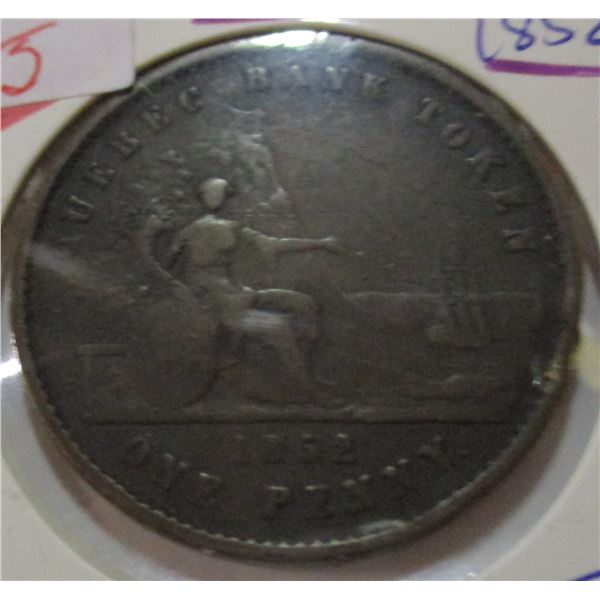 1852 PROVINCE OF CANADA QUEBEC BANK TOKEN ONE PENNY TOKEN