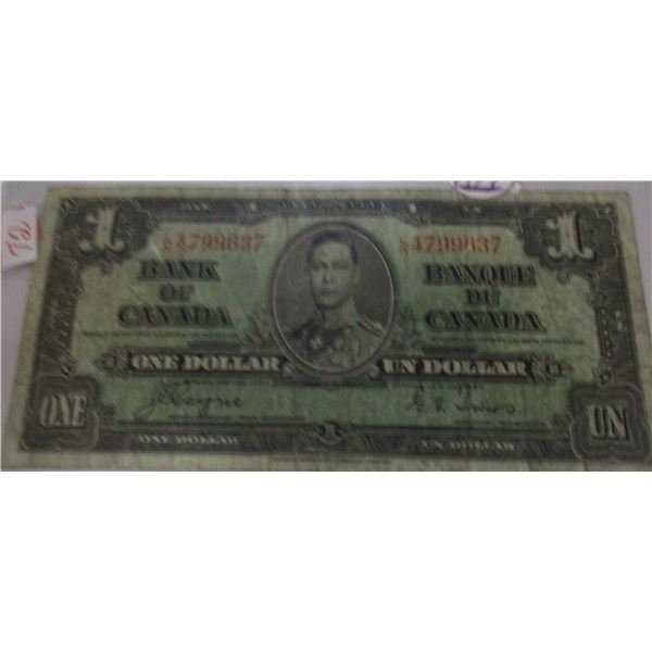 1937 BANK OF CANADA KING GEORGE VI LEGAL TENDER $1 BILL