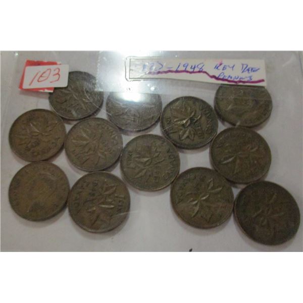 LOT OF 12 - 1948 KEY DATE LAST OF KING GEORGE VI PENNIES
