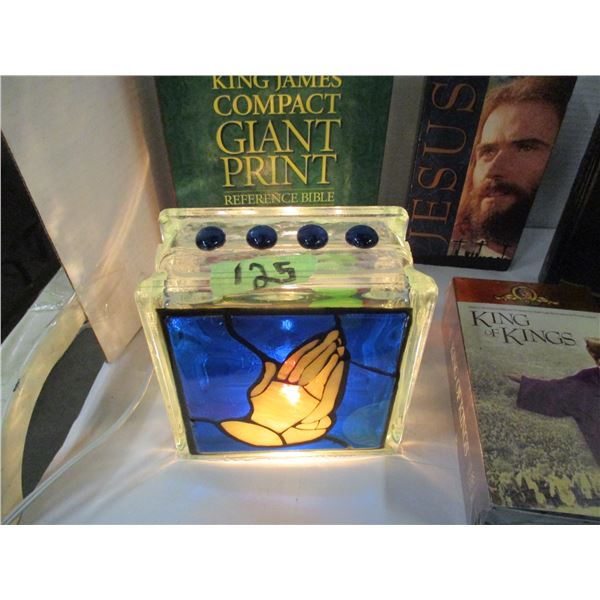 BOX C/W VHS JESUS MOVIES, 2 BIBLES, LIGHTED GLASS BRICK