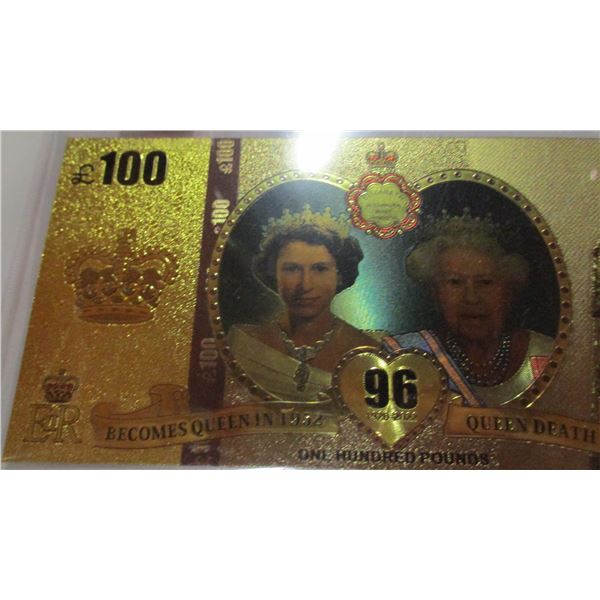 1952 BECOMES (QUEEN OF ENGLAND) 96 YEARS, 2022 QUEEN DIES (100 POUND) GOLD SHIELD BANK NOTE