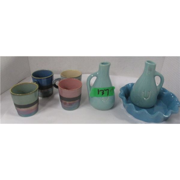 2 OIL & VINEGAR BOTTLES, DISH, 4 SARAH CUPS