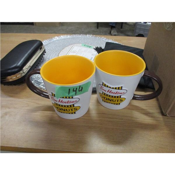 2 - TIM HORTONS MUGS, NEW LAURA CLUTCH, PLACEMATS, MUGS, 3 SCENT DISHES, ETC