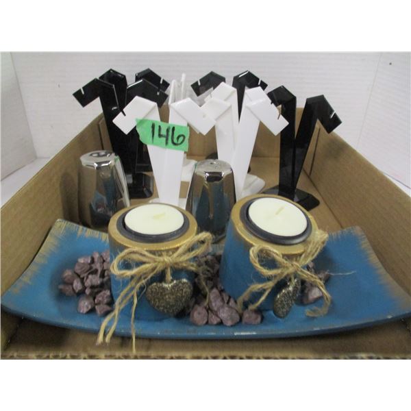 FLAT C/W EARRING HOLDERS, SALT & PEPPER SET, CHROME CANDLE HOLDER, TEA LIGHT CANDLES