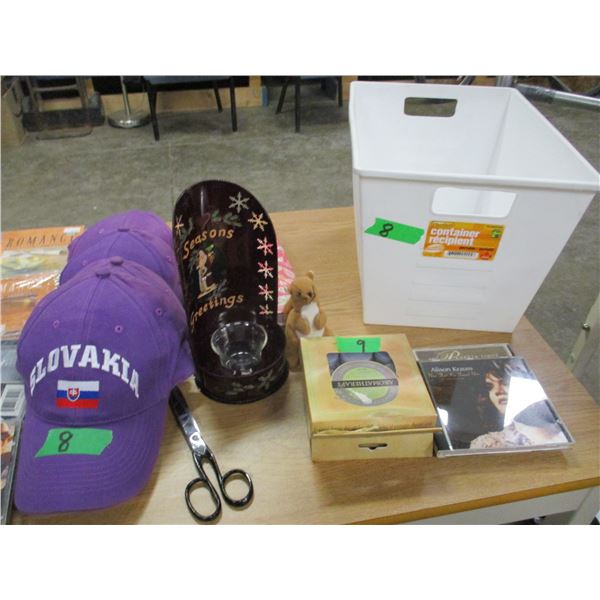 BOX C/W MOVIES, CANDLE HOLDER, CAPS, ETC