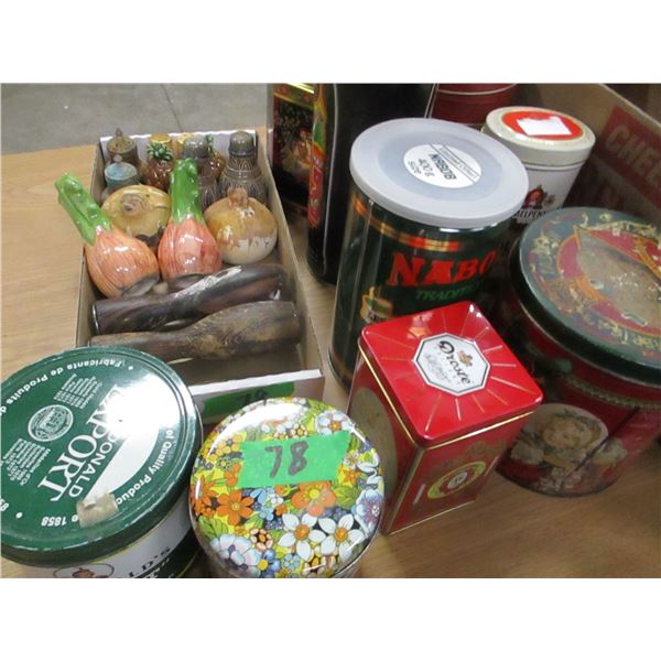 BOX C/W COLLECTABLE TINS, SNOW BRUSHES, SALT & PEPPER SETS, ETC