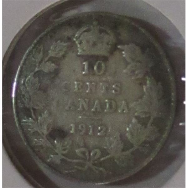 1912 BROAD LEAF CANADA KING GEORGE V SILVER DIME