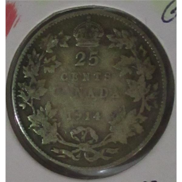 1914 CANADA KING GEORGE V SILVER QUARTER
