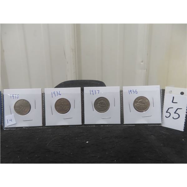 1935, 1936, 1937, 1938, Tombac Nickels