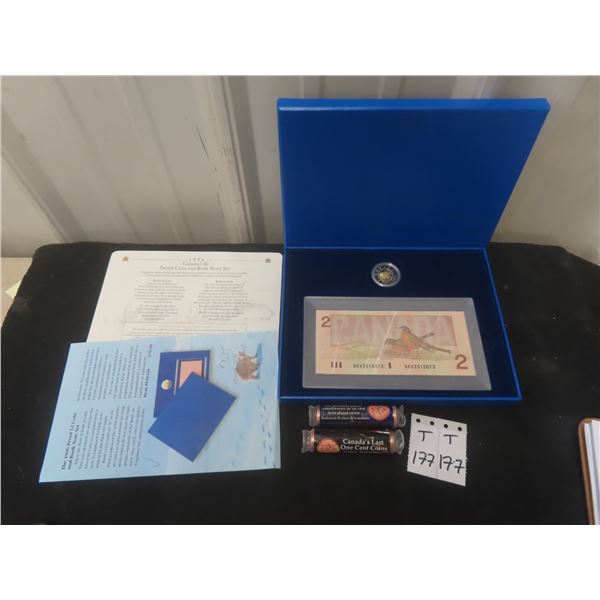 1996 Canadian $2.00 PROOF Coin & Bank Note Set & 2 Rolls of Canada's Last 1 Cent Coins