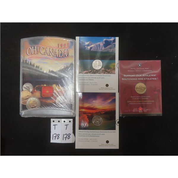 1999 Canadian Uncirc Coin Set, 2004 Olympic Lucky Loonie, Official 1st Day 25 Cent Coins of AB/Sask