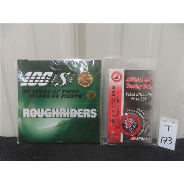 2010 Saskatchewan Rough Riders 100th Anniversary $1.00 Coin & Official Cfl Tossing Coin