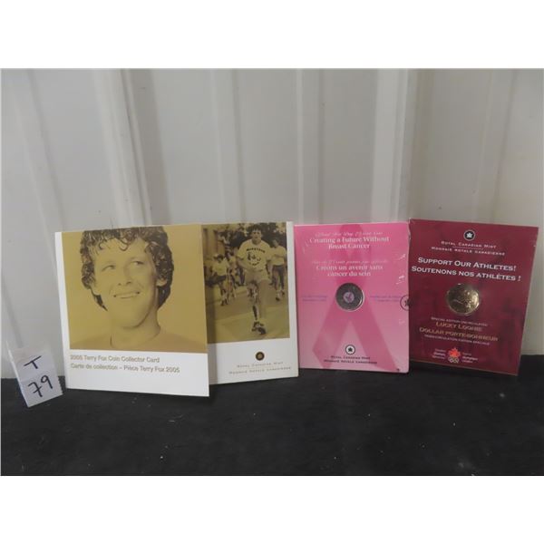 3 RCM Commemorative Coins 2005, 2005 Terry Fox, 2006 Breast Cancer 25 Cent, 2004 $1.00