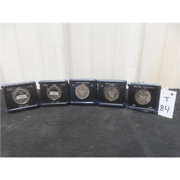 3 Canadian 1971 B.c. Centennial $1 Coins, & 2 -1973 P.e.i. Centennial $1.00 Coins