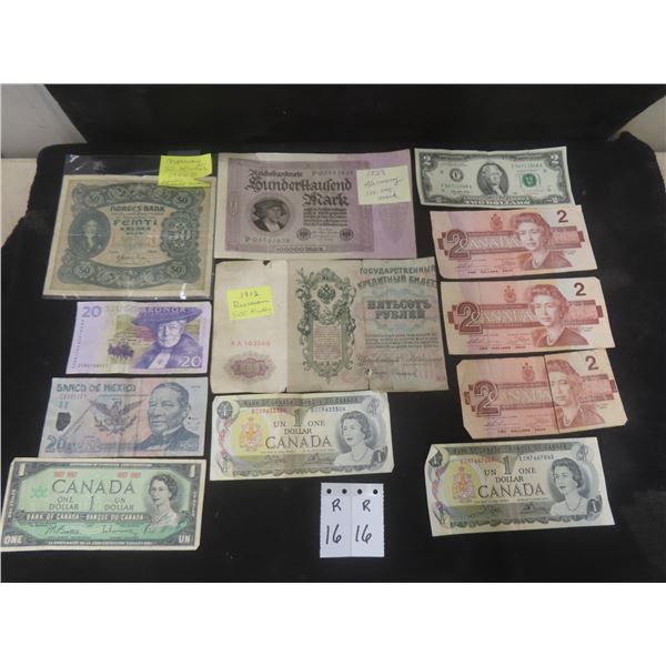12 Bills, Canadian $1.00 & $2.00 Bills, U.s. $2.00 Bill and Foreign Currency