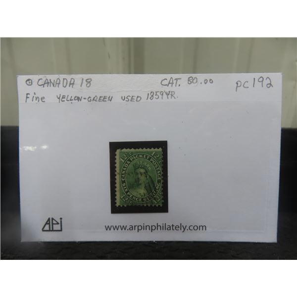 Canada 18 Fine Queen Victoria YR.1859 Used Yellow-green