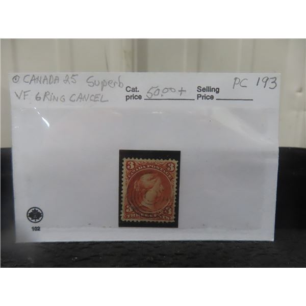 Canada 25 V.F. 6 Ring Cancel Lg. Queen YR.1868 Superb.