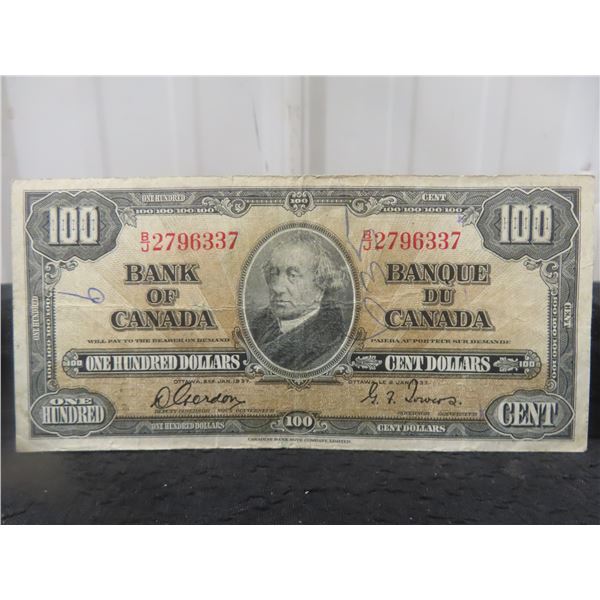 Canada 1937 One Hundred Dollar Mcdonald Bank-note Gordon-towers