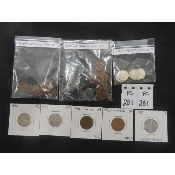 Canada Penny's 1940-1959 Nickel 1940-45, Dimes 1950'S .800 Silver