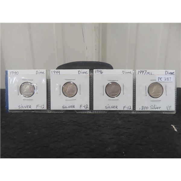 Canada Dimes 1940,44,46,47 M.L .800 Silver.