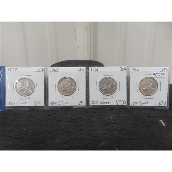 Canada Quarters 1959-1963 Very Fine, .800 Silver.