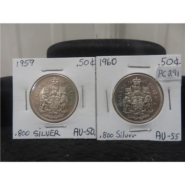 Canada Half-dollars 1959,1960 A.u., .800 Silver.