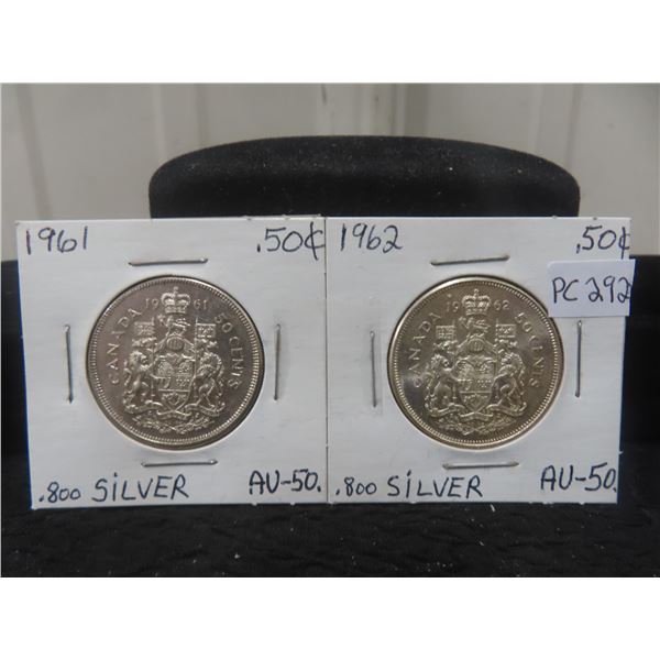 Canada Half-dollars 1961,1962 A.u., .800 Silver.