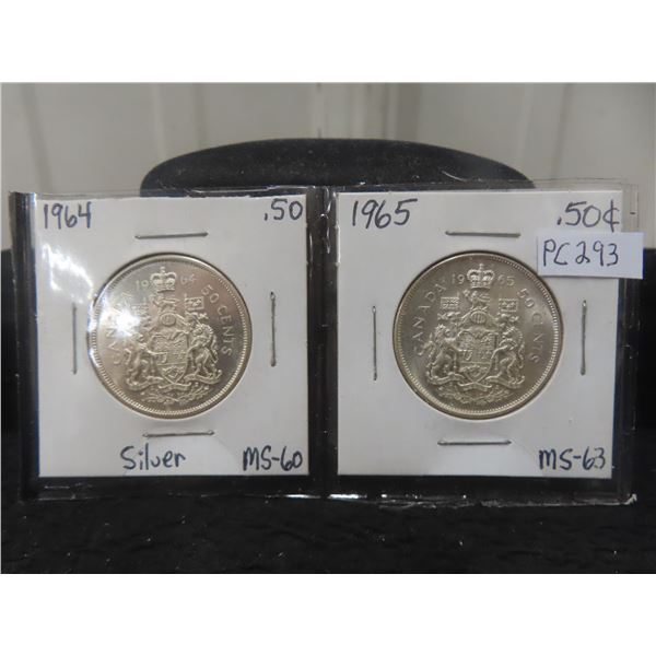 Canada Half-dollars 1964,1965 M.S.63, .800 Silver.